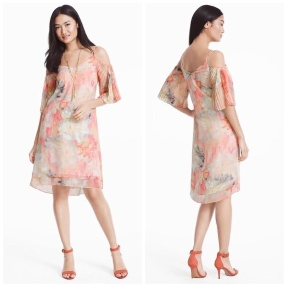 White House Black Market Dress Watercolor  pink print Cold Shoulder size 4